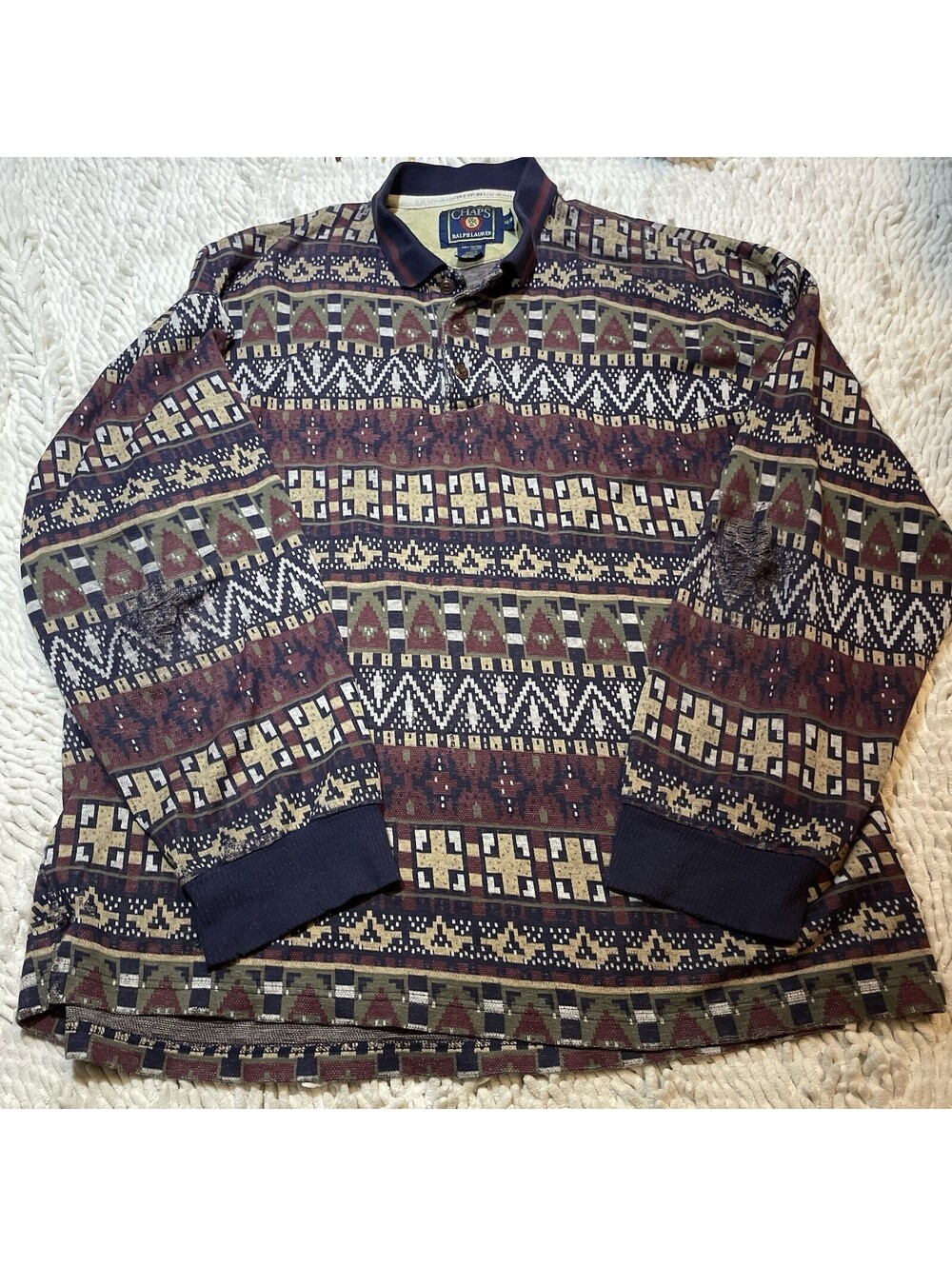Vintage Chaps Ralph Lauren Men's Size L Aztec Print Long Sleeve Polo Shirt *READ